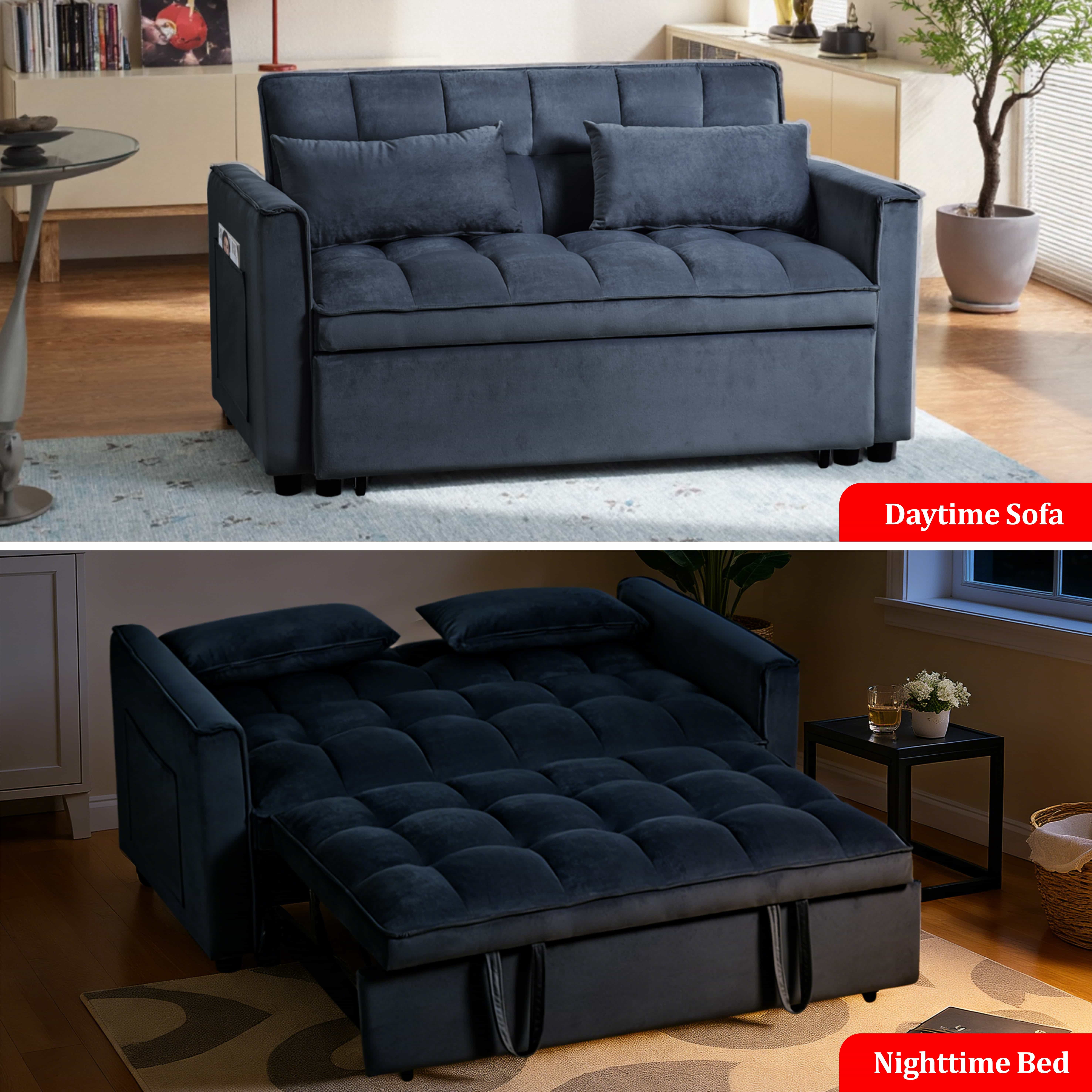 BSHTI Modern Sofa Sleeper, Futon Sofa Bed,Twin-Size Sofa Couch with 3 Adjustable Rreclining Angles,Two Matching Pillows,Easy Assembly,Velvet Fabric Loveseat,Black