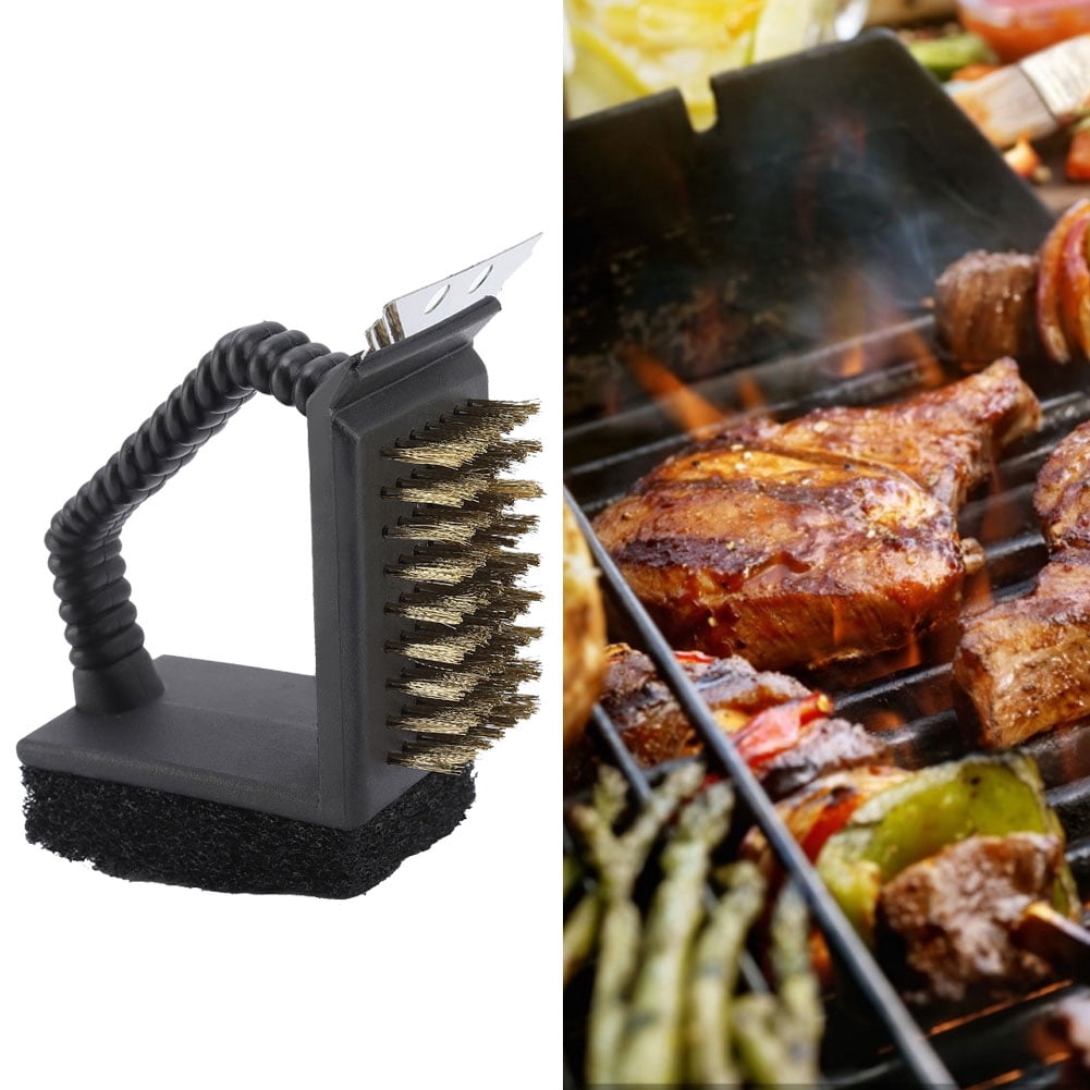 3 in 1 BBQ Grill Cleaning Brush Stainless Steel Bristles with Scraper and Sponge Multi-Function Grill Cleaner for Outdoor Cooking