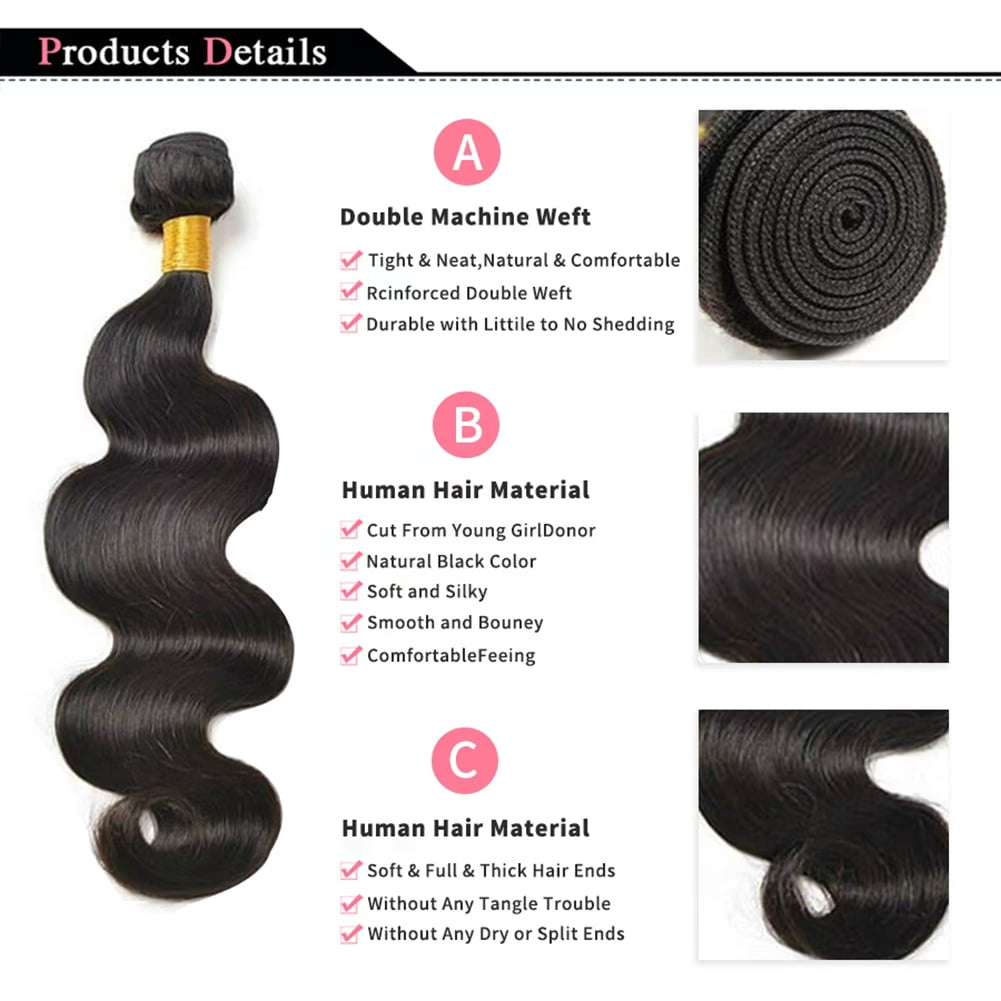 Typpkmm | Adjustable Body Wave Bundles Human Hair Brazilian Hair Weave Bundles Natural Human Hair Extensions Bundles 3 Pcs, Black