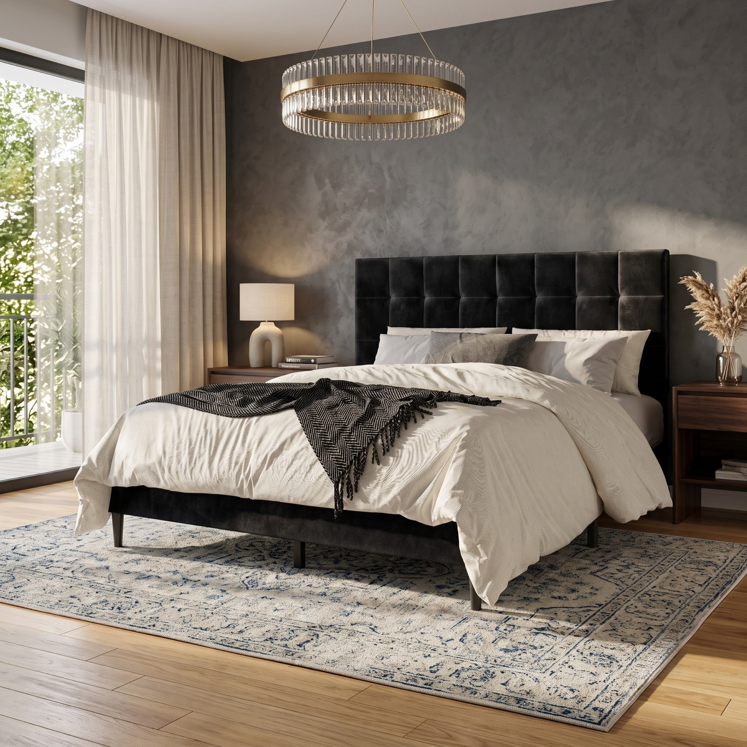 Home Design Marion Full Tufted Upholstered Platform Bed Frame with Tufted Headboard and Plush Padding, Black, Easy Assembly