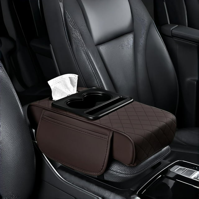 5-in-1 Multifunctional PU Leather Car Armrest Box Mat, Center Console Organizer with Cup Holder, Phone & Tissue Slots, Waterproof Elastic Pad for Most Vehicles
