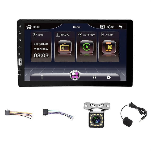 single din car stereo with carplay android auto, 9 inch hd car radio with backup camera supports fm/ Multicolor 9" touchscreen single-din front view showing home screen; includes wiring harnesses, square HD backup camera with bracket and external mic. Supports CarPlay and Android Auto, Bluetooth hands-free, AM/FM presets, mirror cast and steering wheel control learning; suitable for phone navigation and media display in-dash.