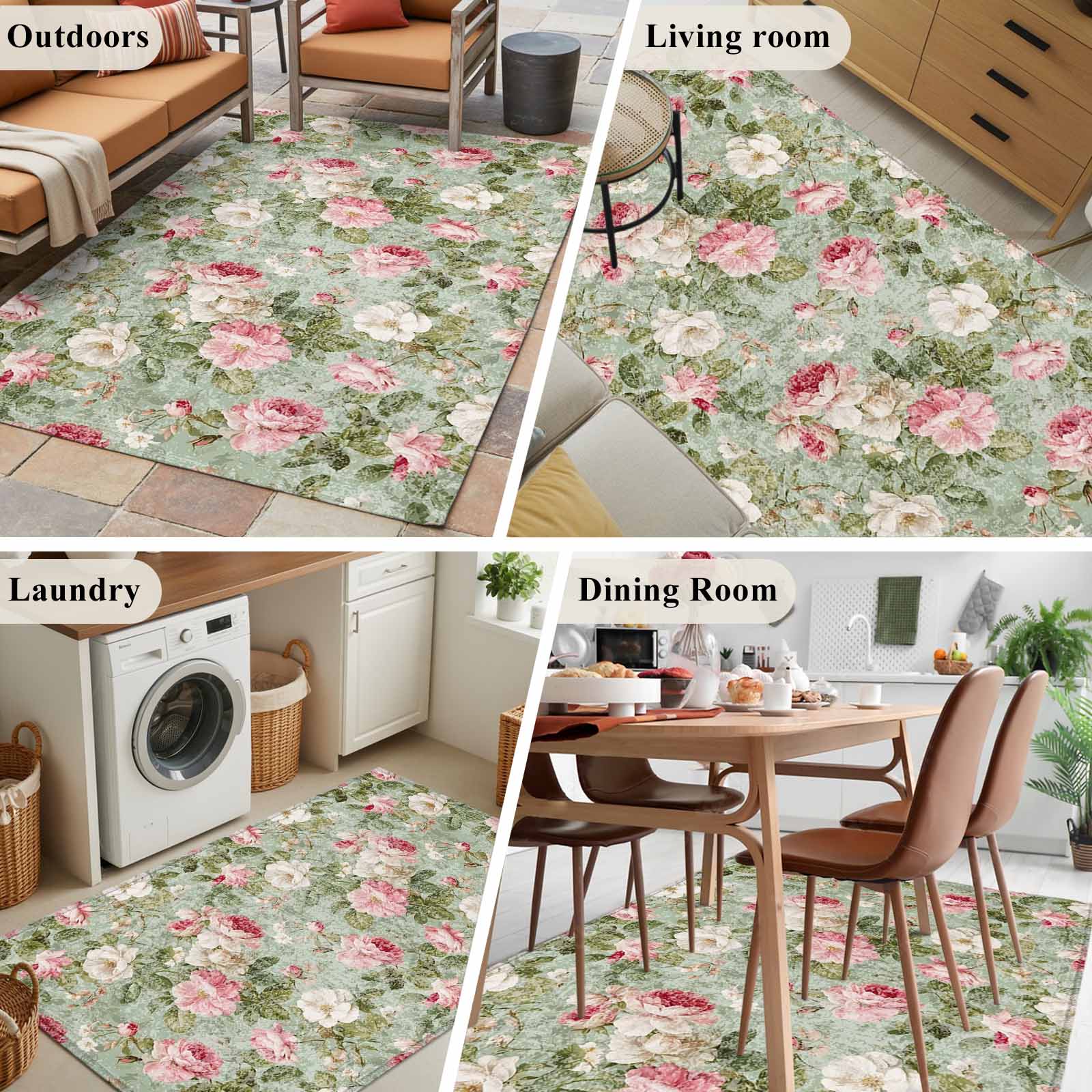 Hallway Runner Rugs 2.7x5 Ft, White Pink Flower Non Slip Area Rugs for Kitchen Bedroom Entryway, Shabby Chic Spring Vintage Leaf Green Washable Carpet Runner Rug Floor Mats for Bedroom Home Decor