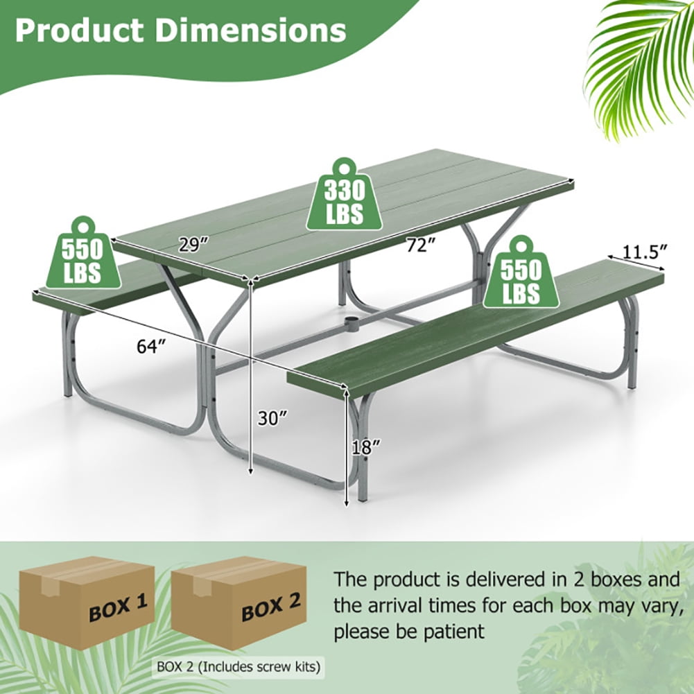 Aimee Lii 6 FT Picnic Table Bench Set Dining Table and 2 Benches with Metal Frame and HDPE Tabletop, Outdoor Patio Furniture, Green Aimee Lii 6 FT Picnic Table Bench Set Dining Table and 2 Benches with Metal Frame and HDPE Tabletop, Outdoor Patio Furniture, Green