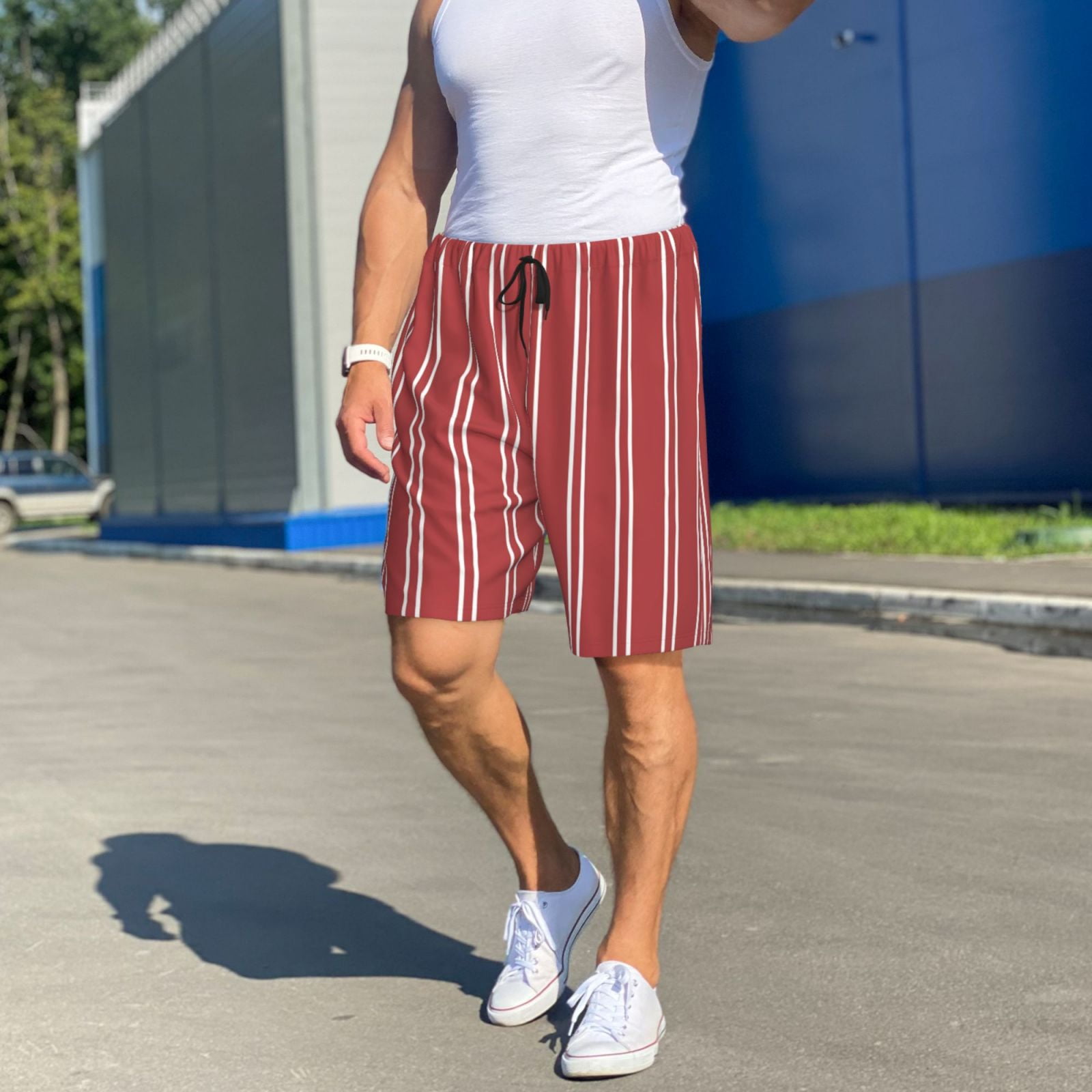 Sikiie Stripes Red White Mens Pajama Shorts, Lightweight Lounge