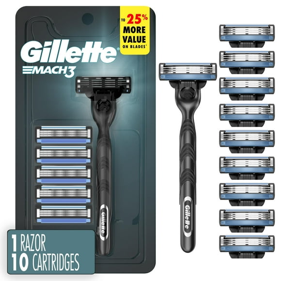 Gillette Mach3 Shaving Razor for Men, 1 Gillette 3-Blade Razor Handle for Menâs Grooming, 10 Razor Blade Refills, Razor Blades with Lubrication Strip
