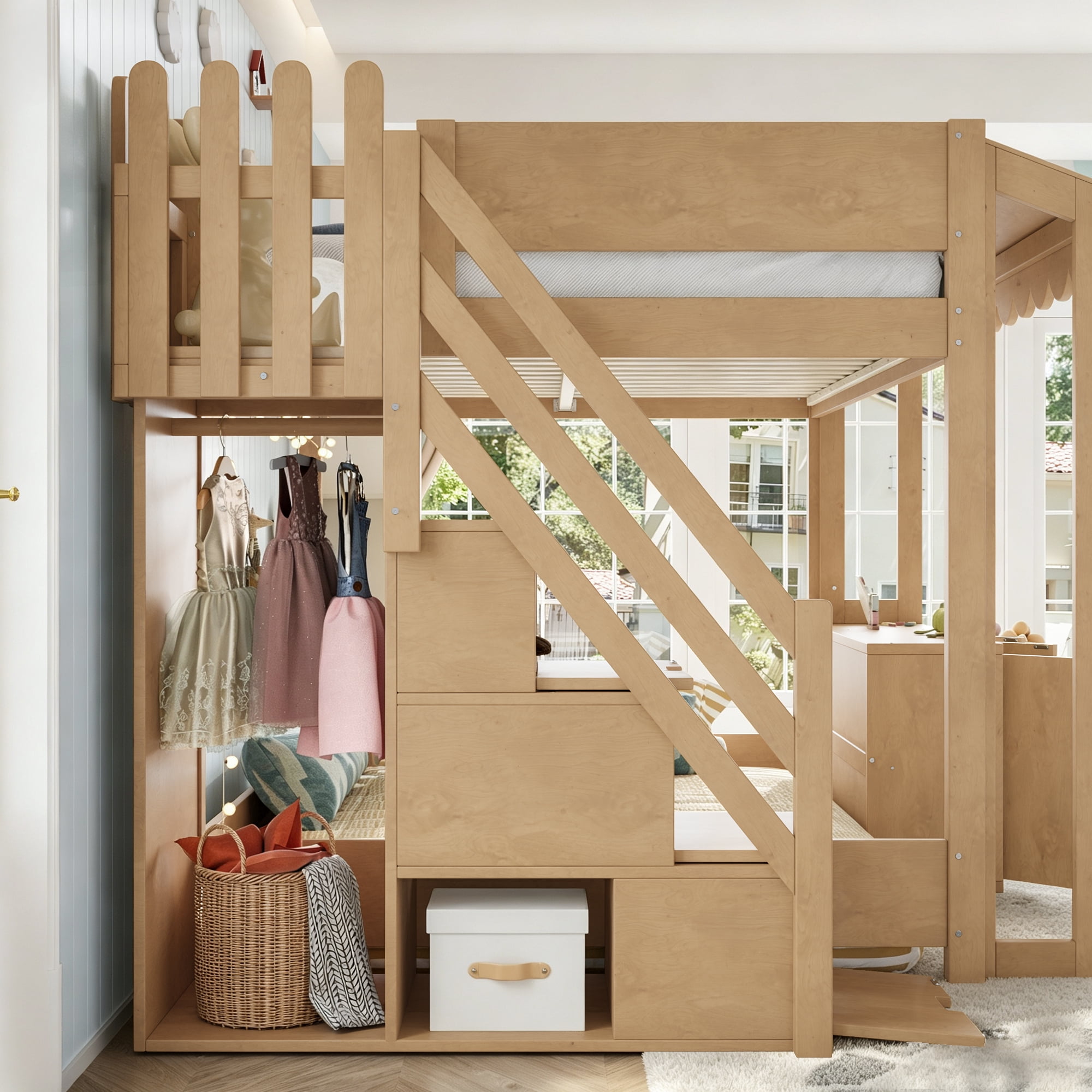 Leumius Full over Full Size Playhouse Loft Bed with Storage Stairs, Solid Wood Loft Bed with Pretend Convenience Store Counter, Convertible Underbed Space for Sleep or Play Natural