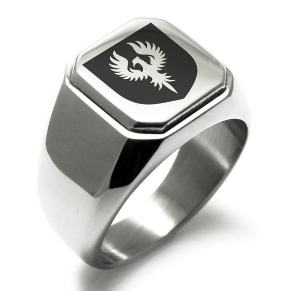 Stainless Steel Phoenix Resurrection Coat of Arms Shield Engraved Square Flat Top Biker Style Polished Signet Ring