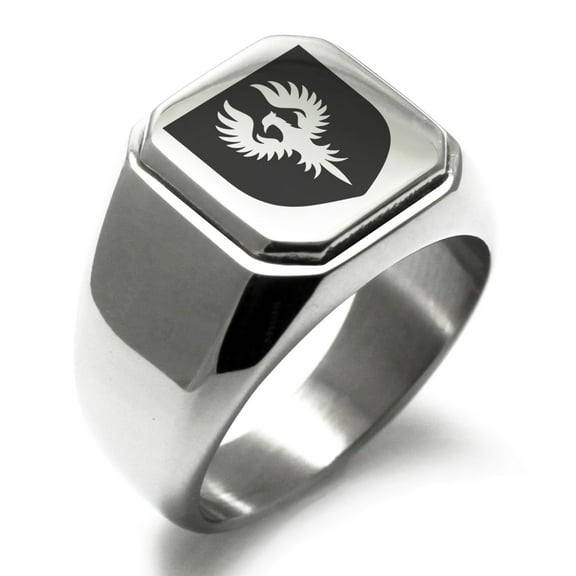 Stainless Steel Phoenix Resurrection Coat of Arms Shield Engraved Square Flat Top Biker Style Polished Signet Ring