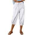 thumbnail image 1 of CHOK Ladies Capris with Pockets Cotton Linen Blend Drawstring Solid Womens Summer Pants Comfy Trousers(XL White), 1 of 5