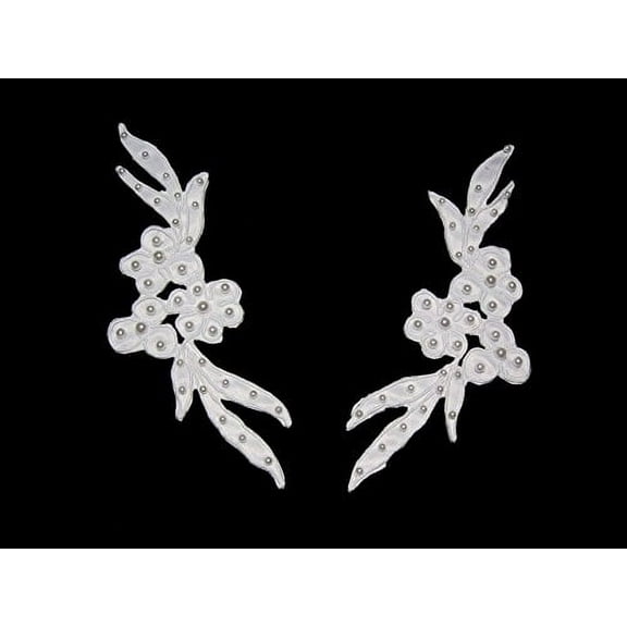 Altotux 6"x2.5" White Satin Beaded Corded Floral Applique Collar Lace by Pair