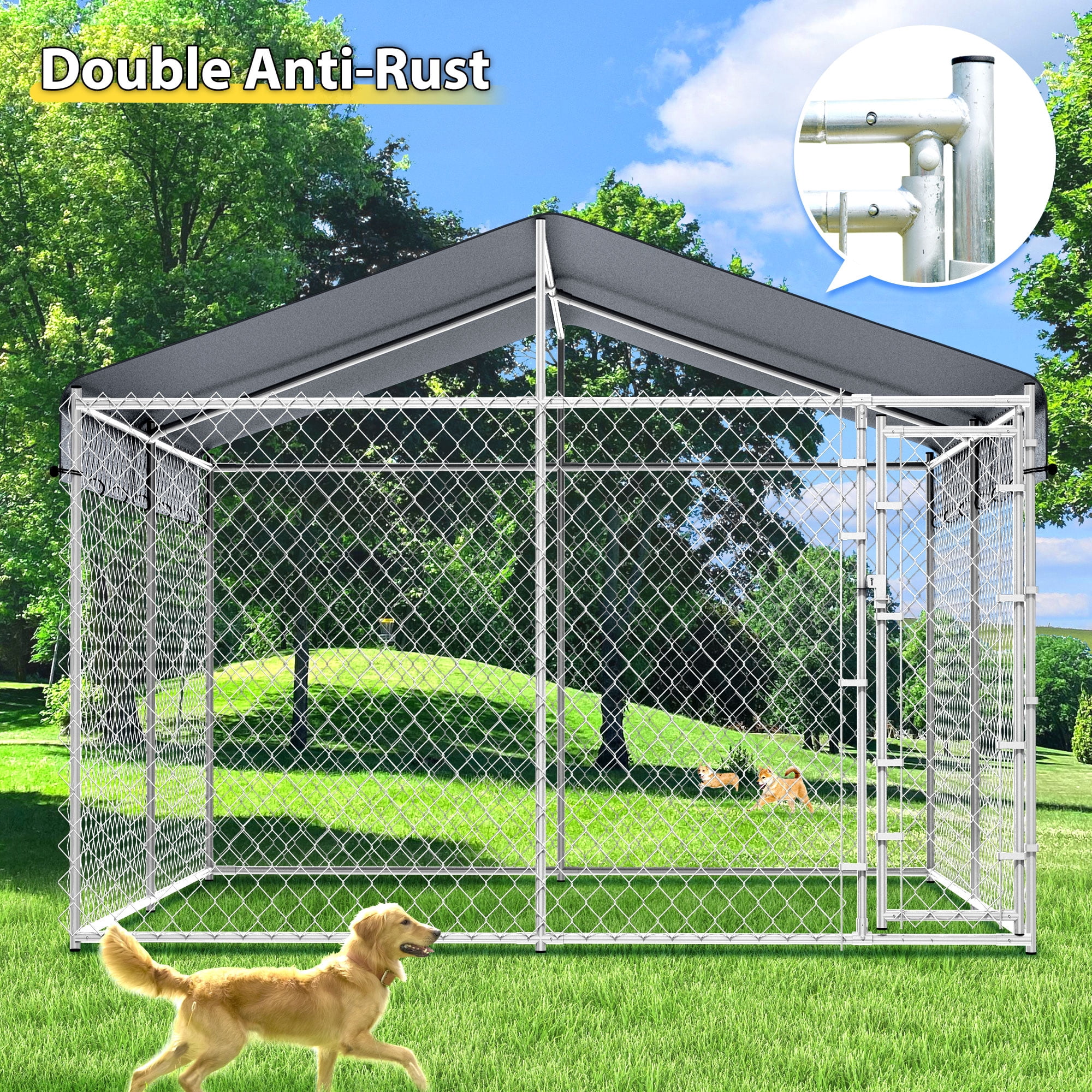 10'x10'x6.56' Large Outdoor Dog Kennel with Roof, Heavy Duty Outside Dog Run Enclosure Dog Pen House Pet Playpen with Galvanized Chain Link, Lockable Door