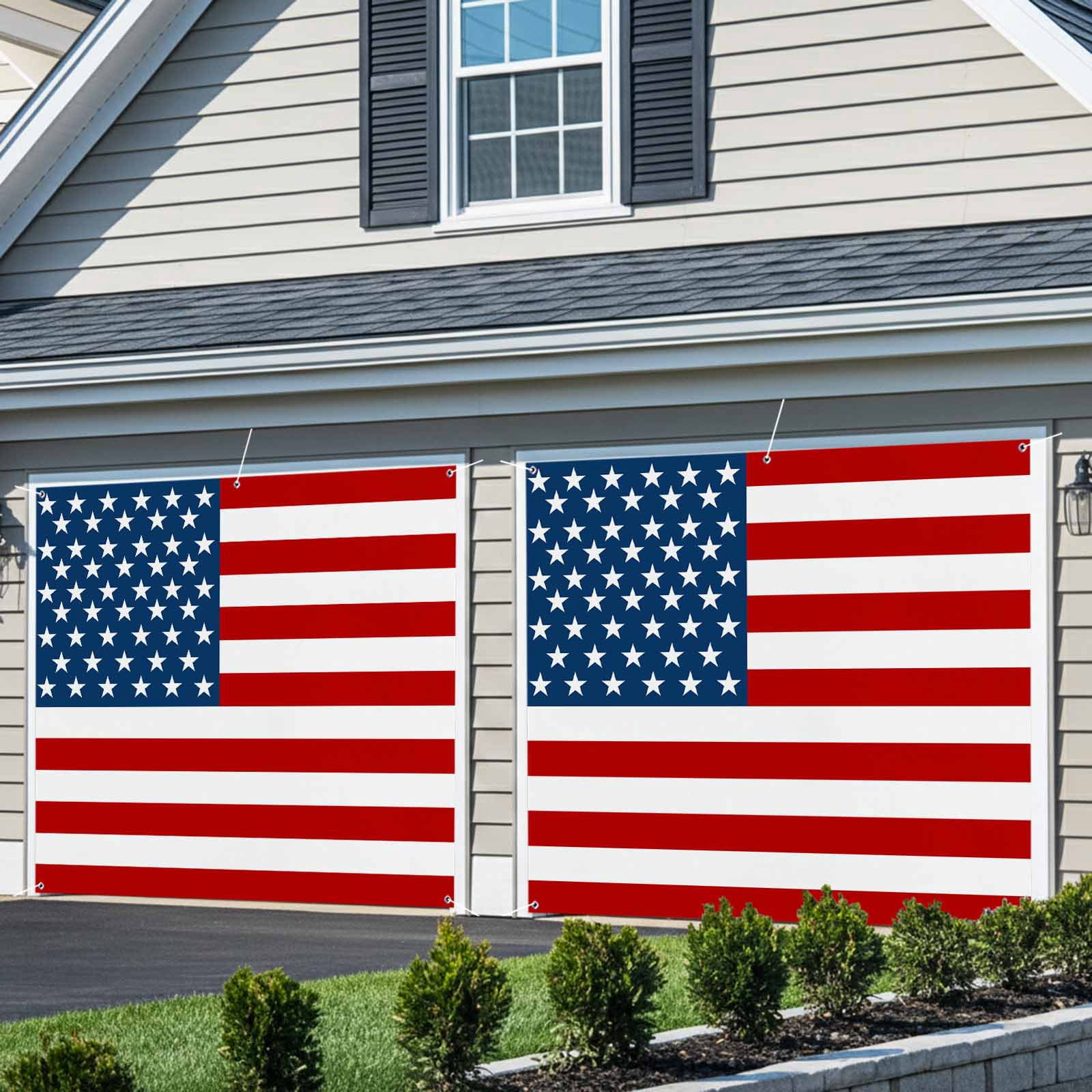 American Flag Garage Door Cover Banner 7 x 16 FT, Blue Red USA Flag Garage Door Curtains Backdrop with Grommets for Indoor Outdoor Wall Party Porch Yard Decorations Background