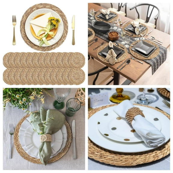 Set of 24 Round Woven Placemats 12 Inches Bulrush Placemats Natural Hand-Woven Boho Rattan Placemats Wicker Table Mats Farmhouse Weave Place Mats for Home Dining Table