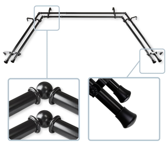 13/16" Dia Bay Window Double Curtain rod, Adjustable 20"-36", 38"-72" - Black,(AWID-Bay-12)