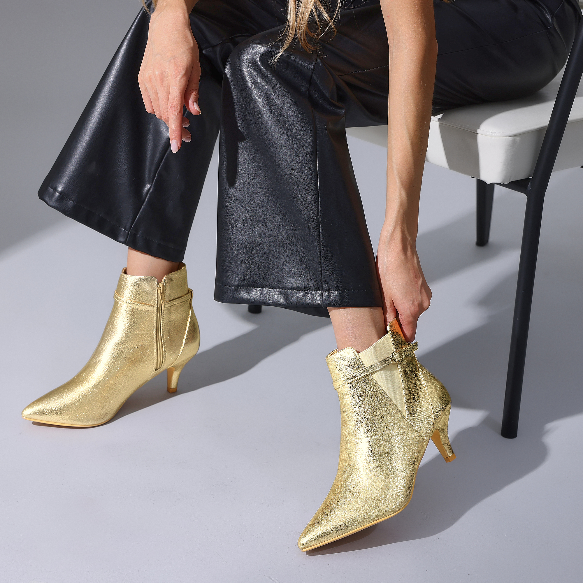 DARING DIVA Women's Pointed Toe Elastic Kitten Heels Ankle Booties Gold US 7