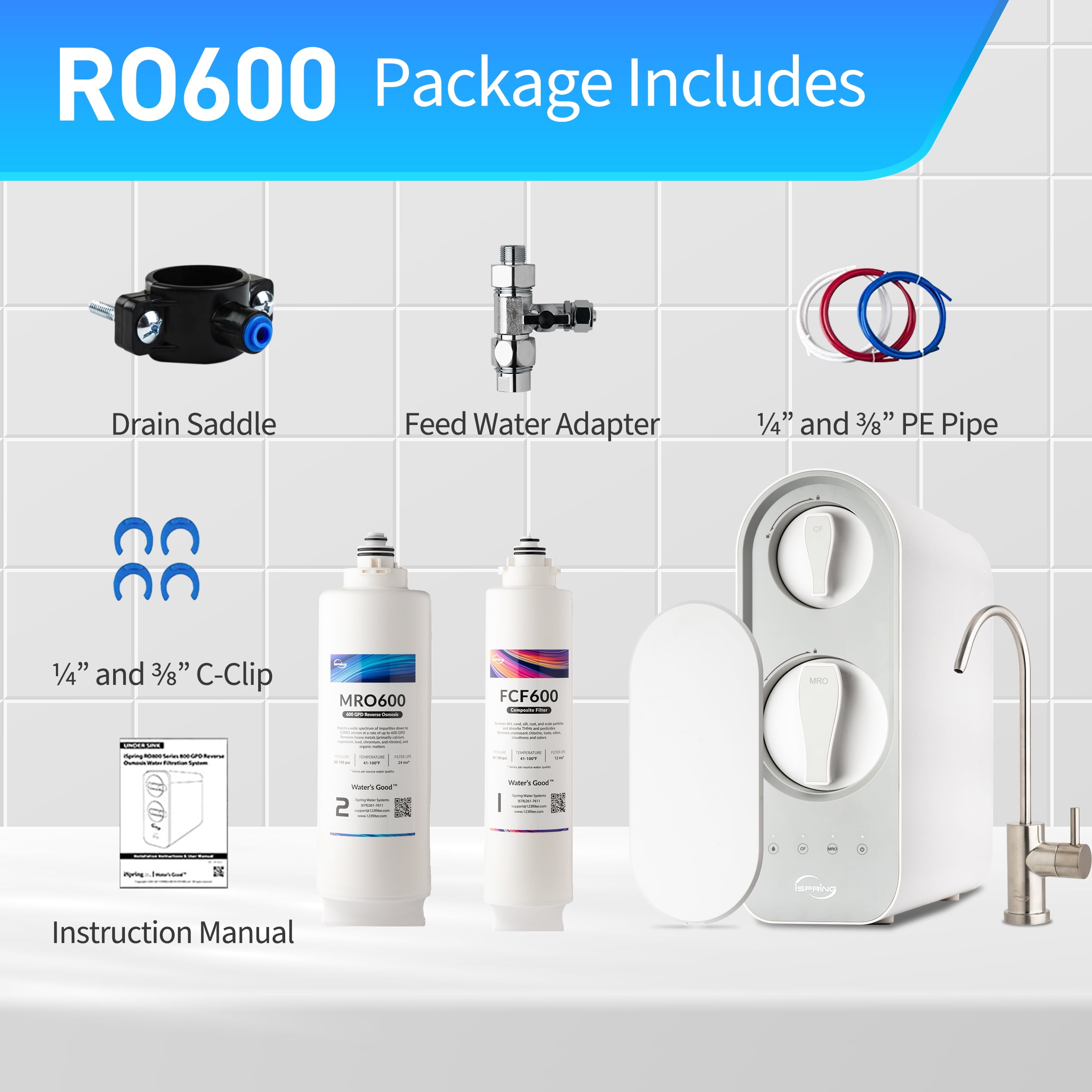 iSpring RO600BN Tankless RO Reverse Osmosis Water Filtration System, 600 GPD Fast Flow, Brushed Nickel Faucet, 2.5:1 Pure to Drain Ratio