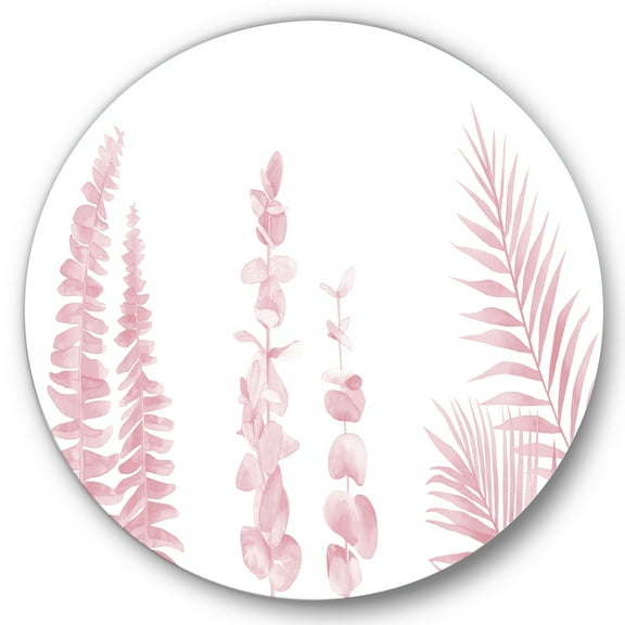 Designart 'Palm Branches and Blush Pinkeucalyptus' Shabby Chic Circle Metal Wall Art 36x36 - Disc of 36