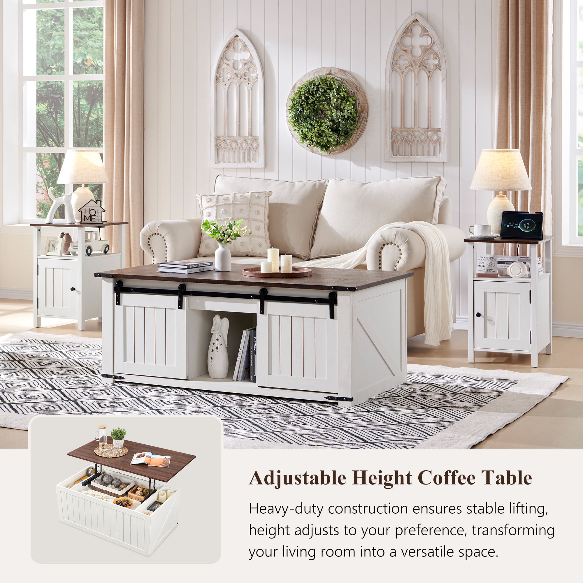 SinCiDo Farmhouse Coffee Table with Storage for Living Room, Lift Top Coffee Table w/Sliding Groove Barn Door