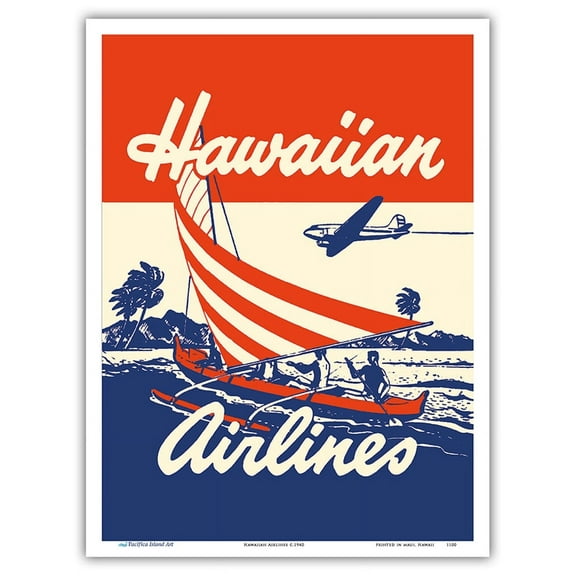 Hawaiian Airlines - Hawaiians in Outrigger Canoe (Wa’a) - Vintage Airline Travel Poster c.1940 - Master Art Print (Unframed) 9in x 12in