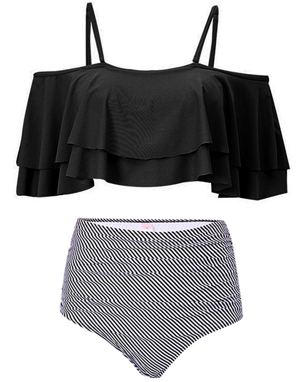Mommy/&Me Striped Print Swimsuit Halter Tops Ruffle Bottom Bikini Sets Family Matching Swimwear Bathing Suit
