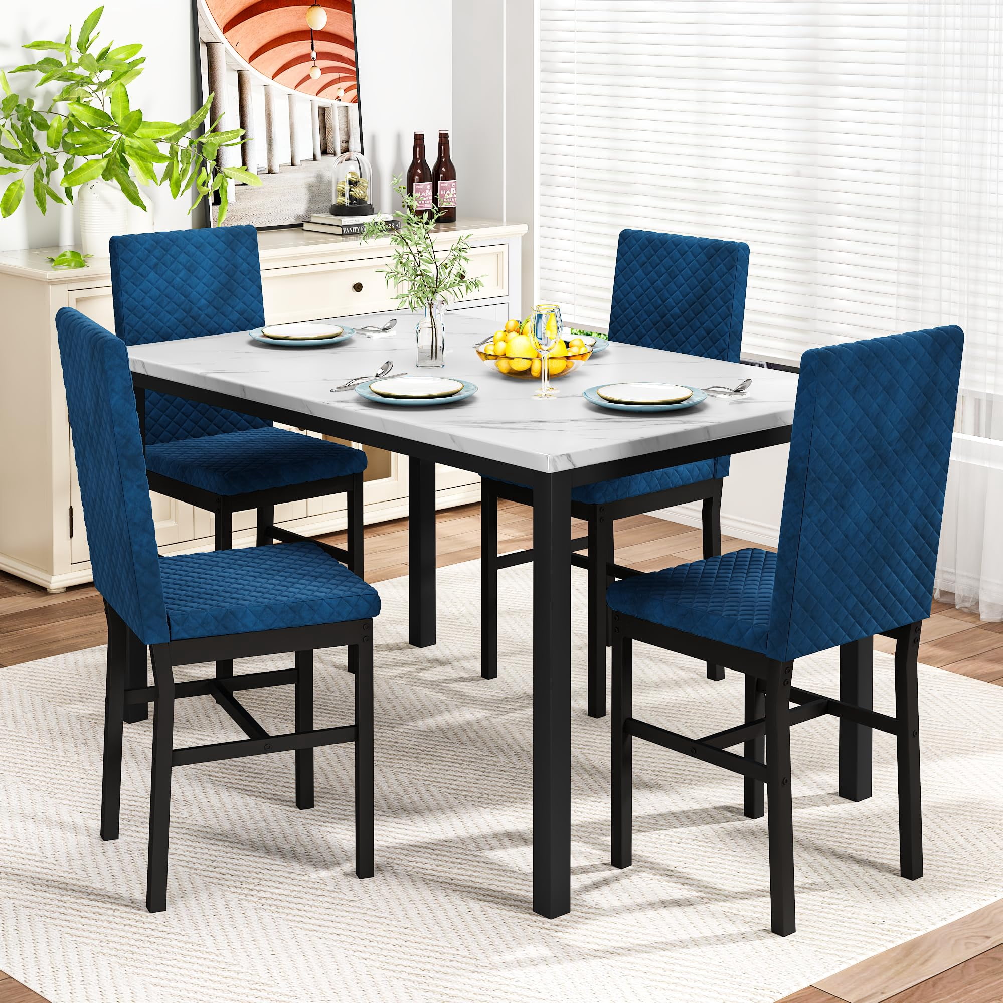Lamerge Dining Table Set for 4, Kitchen Table and Chairs Set of 4, Faux Marble Dining Room Table Set with 4 Upholstered Velvet Chairs for Home Kitchen, White & Blue