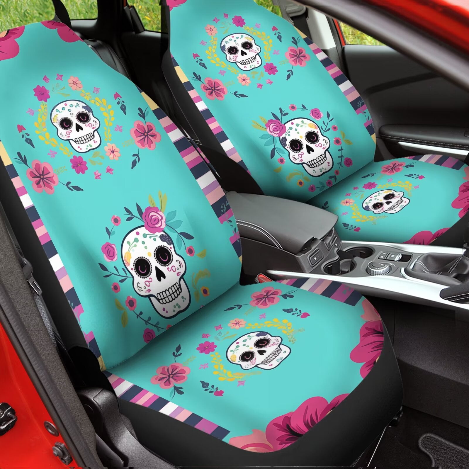 Uourmeti Blue Sugar Skull Floral Print Auto Seat Covers 2pc Set Easy Install Full Wrap Durable Elastic Bucket Seat Covers Elastic Fit Most Vehicle