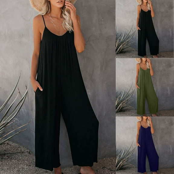 lcziwo Prime Today, Jumpsuits for Women Sleeveless Straps Wide Leg Overalls Solid Casual One Piece Pants with Pockets 2025 Summer Boho Beach Rompers
