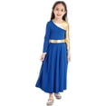 thumbnail image 2 of Raenseen Kids Girls Shiny Metallic Color Block Bell Sleeve Liturgical Praise Worship Dance Dress Lyrical Dancewear Royal Blue 10, 2 of 7