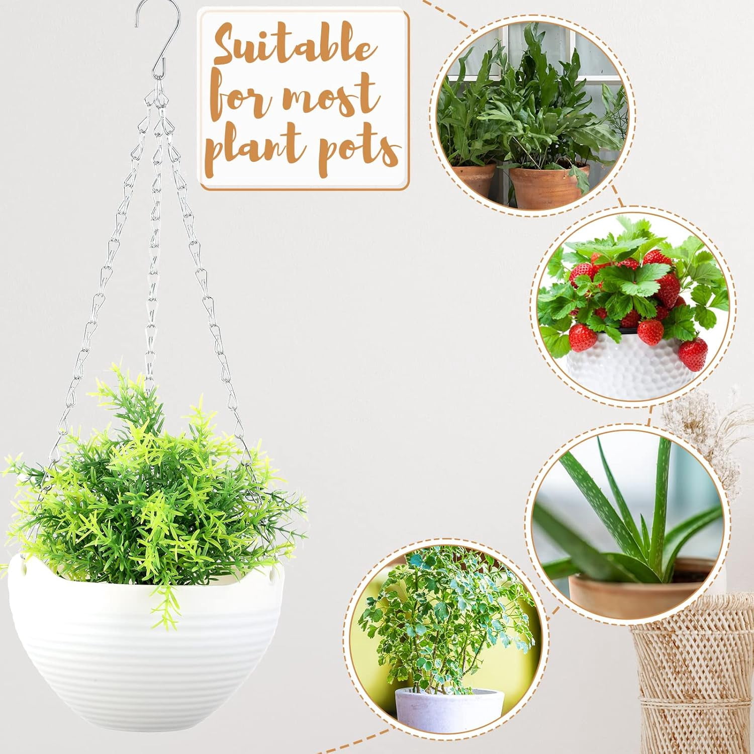 3 Pcs Hanging Planter Pots,Rongsi 8 inch Self-Watering Round Hanging Basket with Water Tray and Metal Chain,Succulent Flower Plant Pot Container for Indoor Outdoor Garden Balcony Wall Decor,White