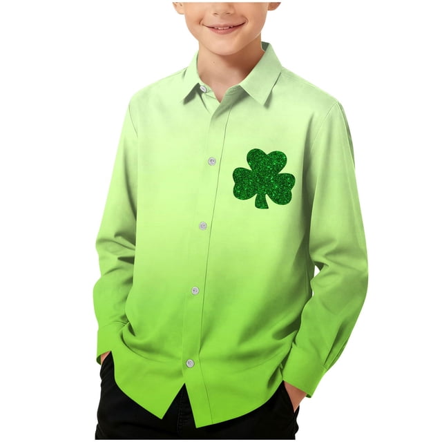RXMEKW Chemise à Manches Longues Imprimée pour la Saint-Patrick pour Garçons avec Col Rabattu, 95 % Coton 5 % Spandex, Vert