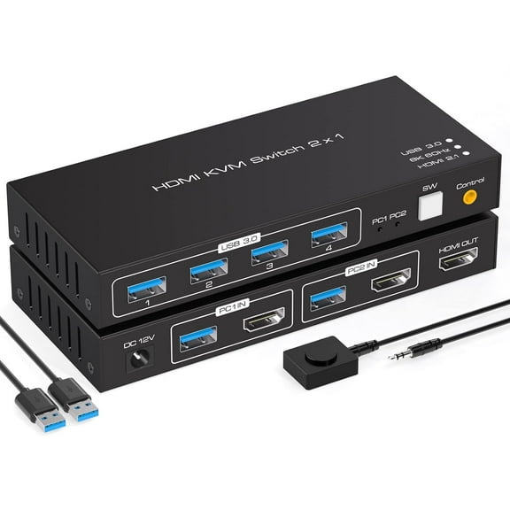 2 Port HDMI KVM Switch Support 8K60Hz 4K120Hz, USB 3.0 HDMI2.1 KVM Switch for 2 Computers Share 1 Monitor with 4 Port USB 3.0 Hub Includes Desktop Control and 2xUSB Cables