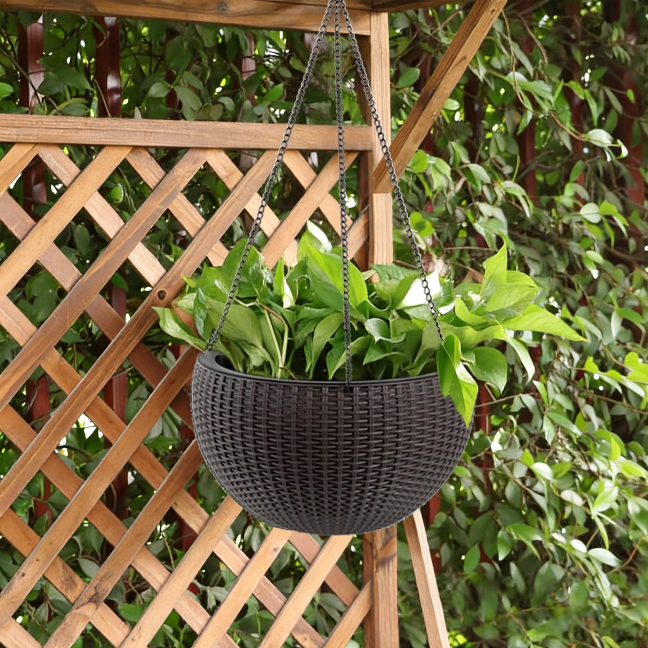 Noble House 2 Pack 13.4" Self-Watering Hanging Planters, Rattan-Style Flower Pots, Brown