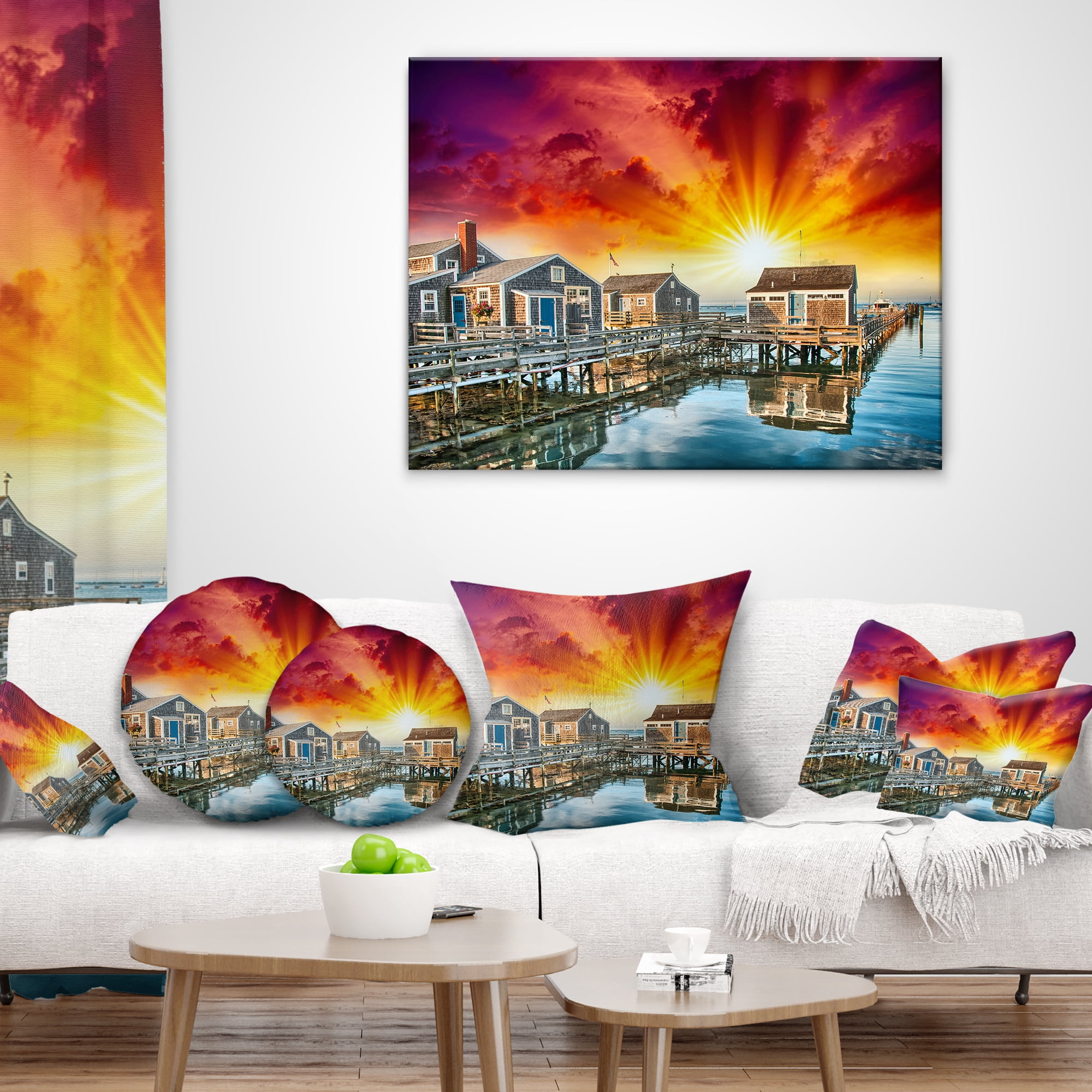 Designart Wooden Homes at Sunset - Landscape Photo Throw Pillow - 12x20