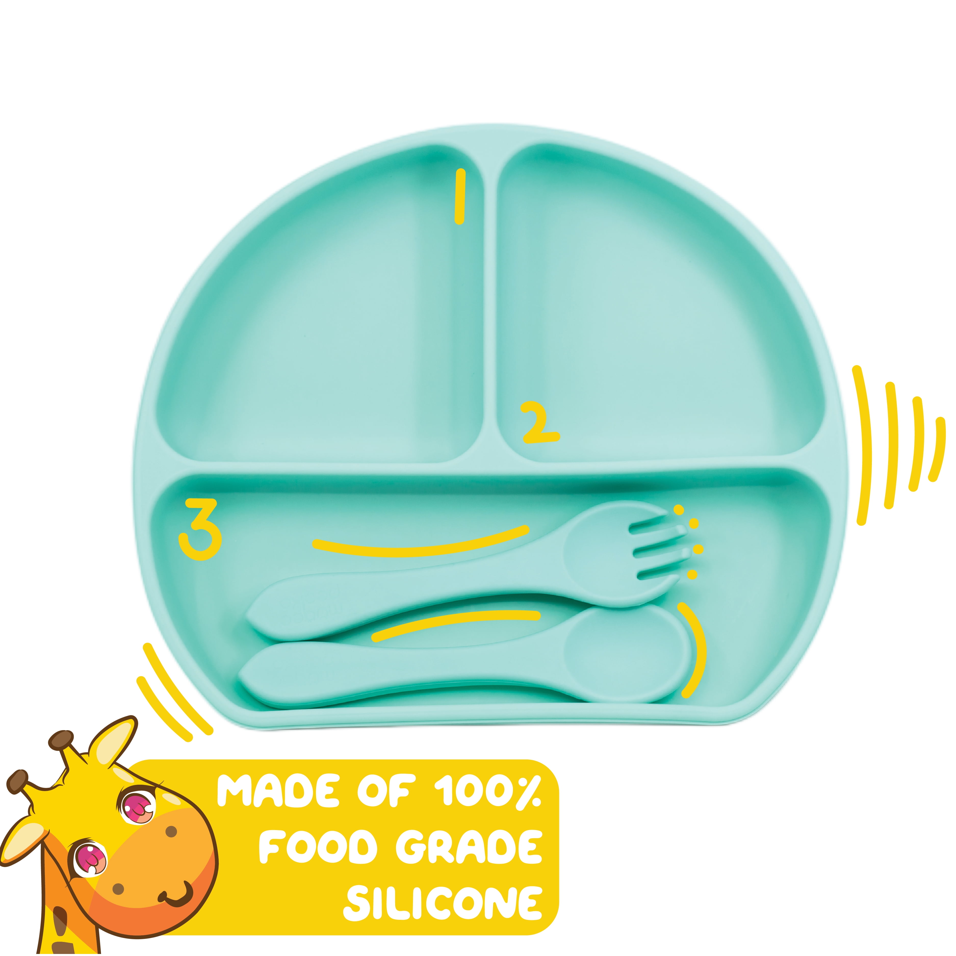 Muqee Peeko Minty Green Silicone Baby and Toddler Feeding Set - Plate Set with Utensils (6 Piece Set)