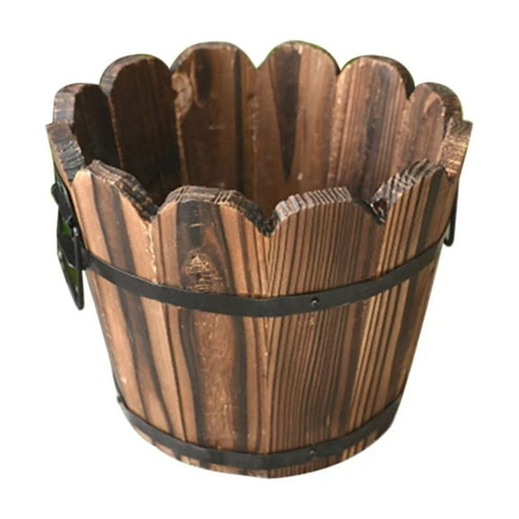 MOQIN Wooden Bucket Barrel Planters,Large Whiskey Barrel Planters with Drainage Holes,Plastic Flower Pots Imitation Wine Barrel Design,for Indoor&Outdoor Garden Home Plants (Brown,6x5.5 in)