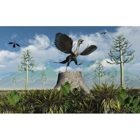 An Archaeopteryx takes flight from atop a tree stump Canvas Art - Mark ...