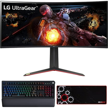 LG 34GP950G-B 34 inch UltraGear QHD 3440 x 1440 Nano IPS Curved Gaming Monitor Bundle with Deco Gear Mechanical Keyboard Cherry MX Red and Deco Gear Large Extended Pro Gaming Mouse Pad