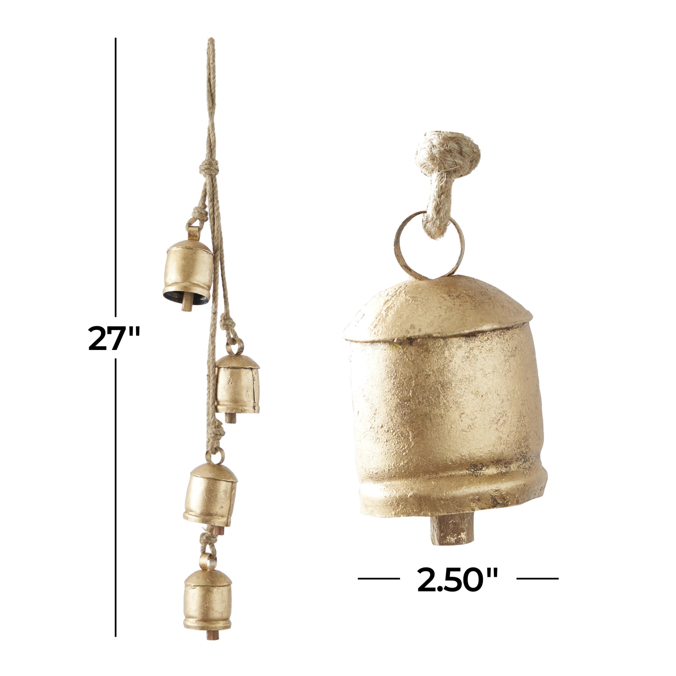 DecMode Tibetan Inspired Cascading Gold Metal Cylindrical Decorative Cow Bells with 4 Bells on Jute Hanging Rope
