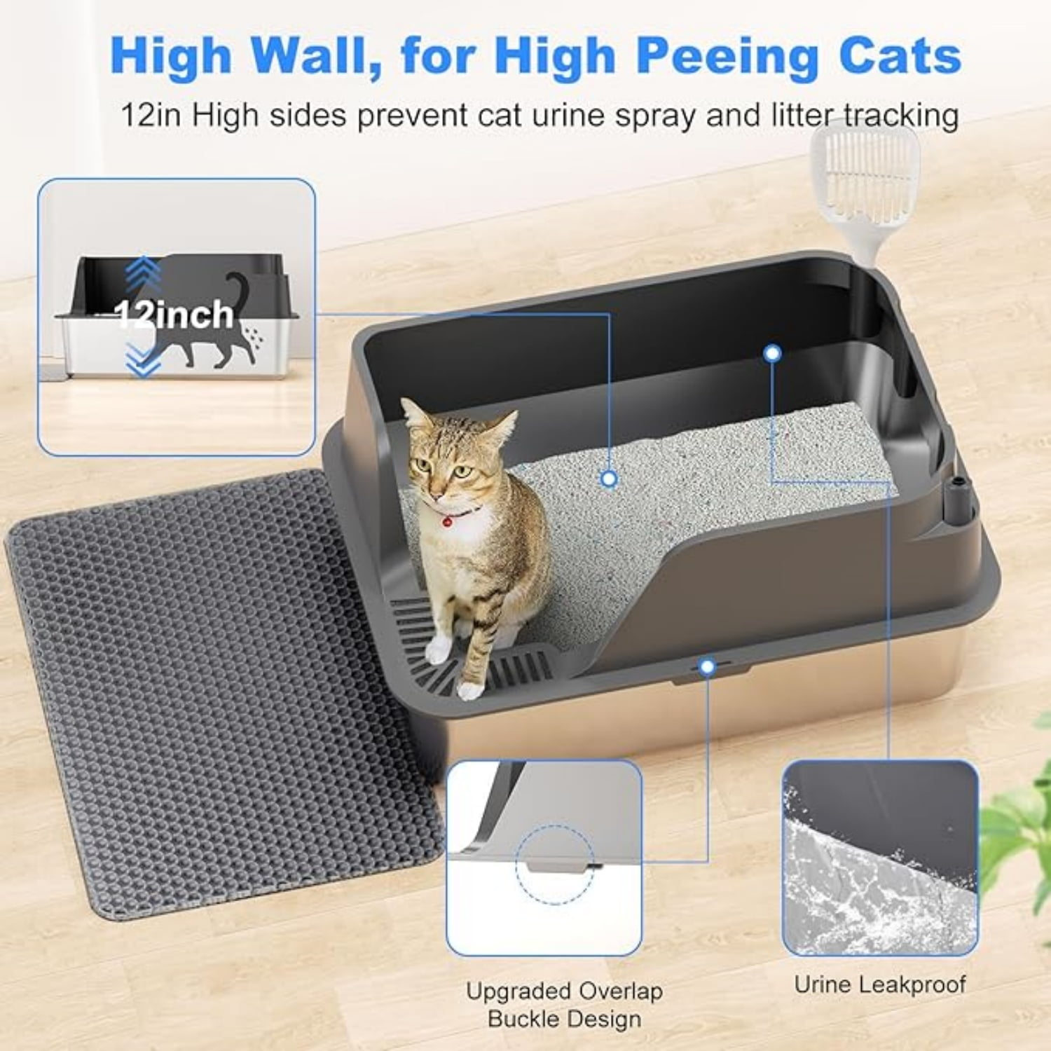 Non-stick Stainless Steel Litter Box, XL Side Opening Splash-Proof & Leak-Proof Seamless Seal, Large Capacity, Cat Litter Box with Lid for Multi-Cats, Large Cats, Easy-Clean & Durable (Gray)
