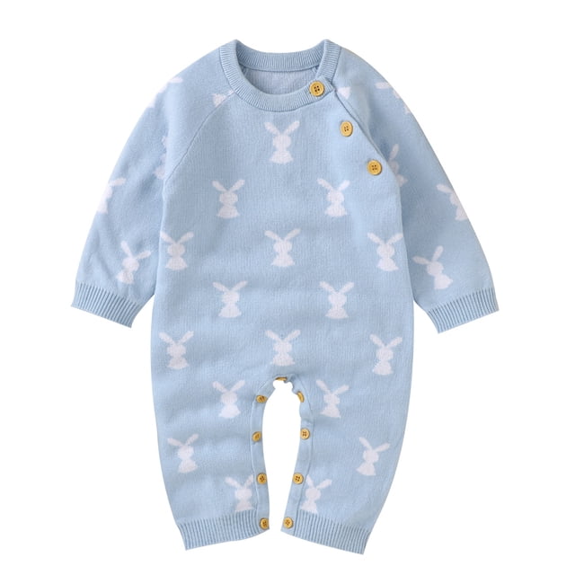 HNMKIU Combinaison Tricotée en Tricot à Manches Longues Printemps Automne Décontractée Confortable Douce Lapin Adorable Mignonne à la Mode Col Ras du Cou à Boutons-Pression Vêtements pour Garçon Fille Bleu Pâle,6-12 Mois