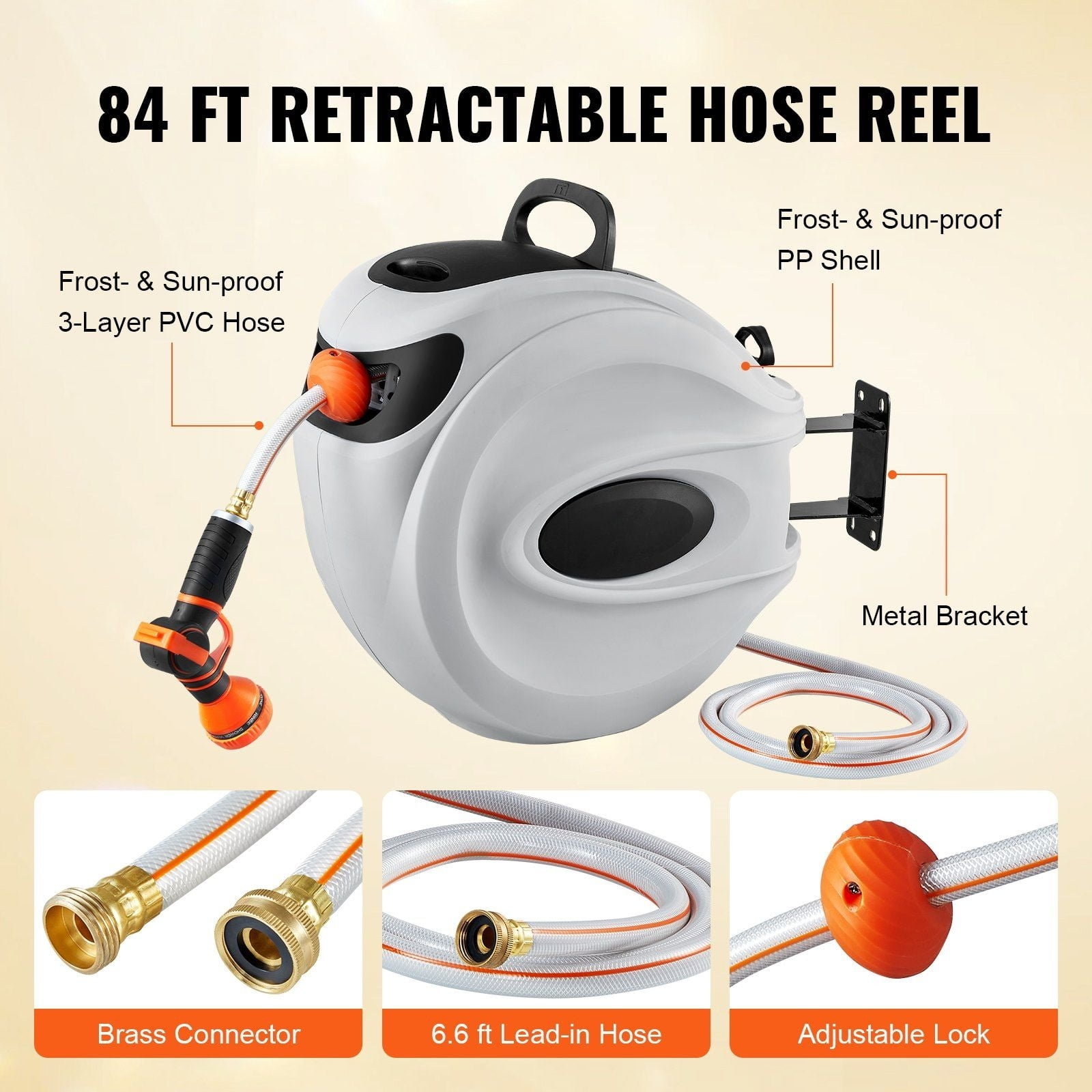 Retractable Hose Reel 84ft x 5/8in - Wall Mounted Garden Hose Reel with 9-Pattern Nozzle, Automatic Rewind, Swivel Bracket & Slow Return