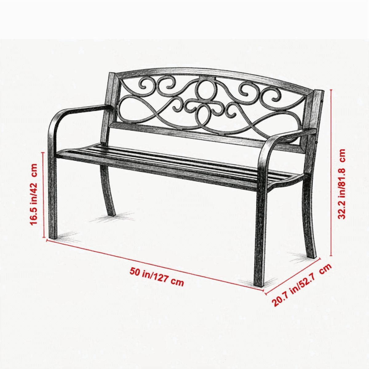 50" Metal Outdoor Bench with Backrest & Armrests, 550 lbs Load Capacity, for Garden, Patio & Front Porch
