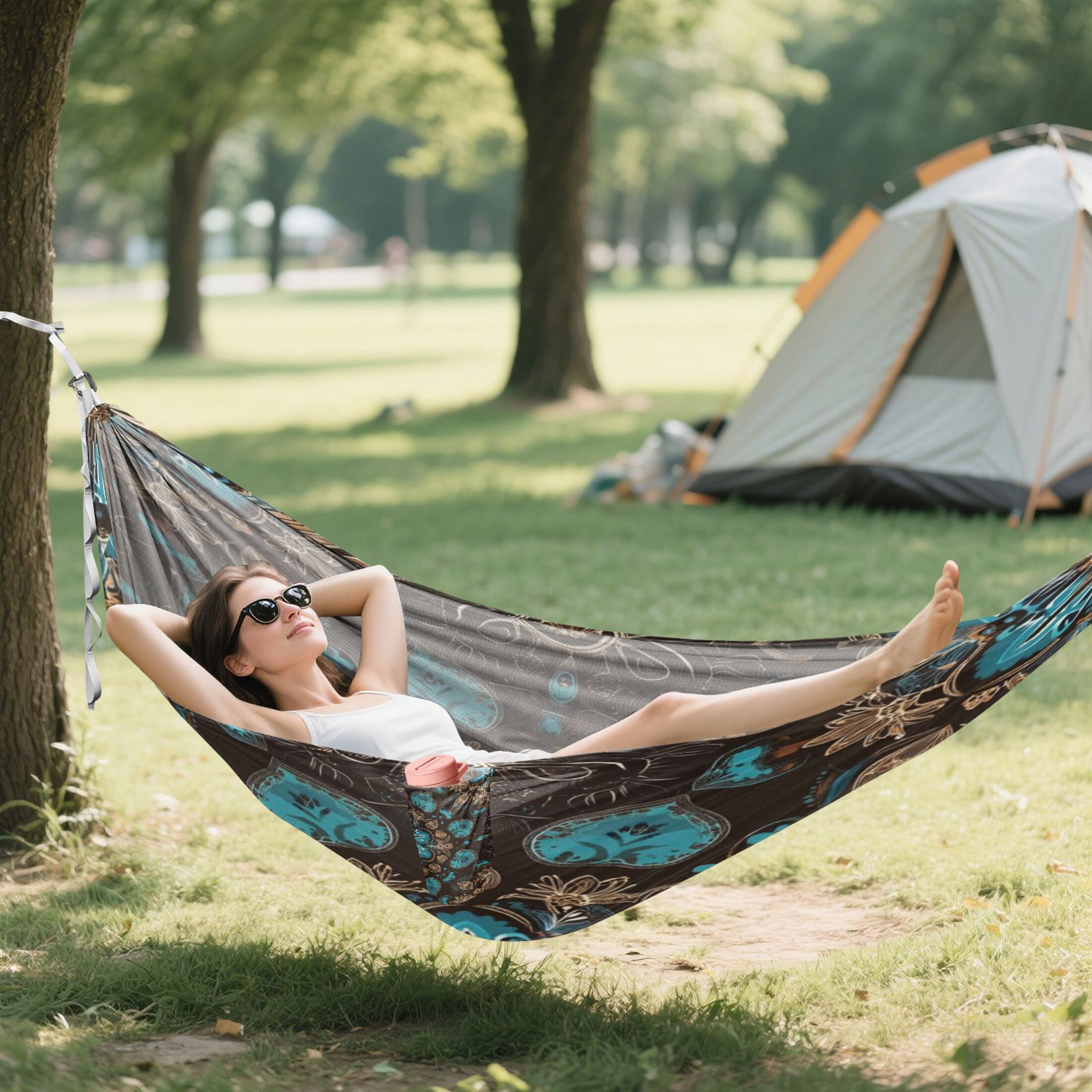 Wobogo Turquoise Mandalas Camping Hammocks 330 lb Capacity with Tree Straps and Hanging Pockets for Outside Hiking Beach Backpack Travel
