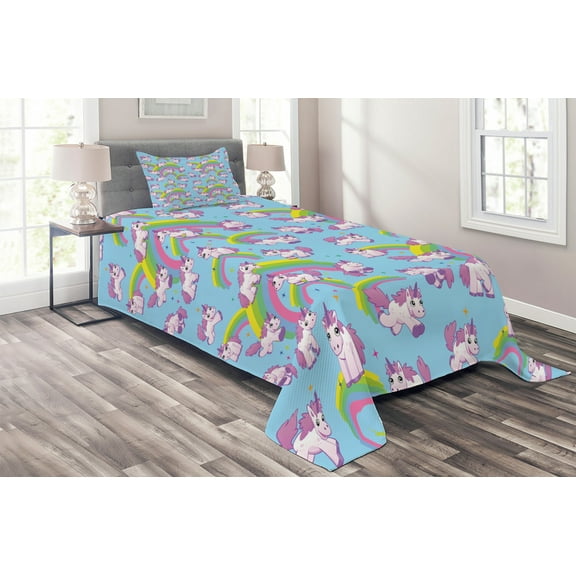 Ambesonne Unicorn Quilted Coverlet 2 Pcs, Cartoon, Twin Size, Multicolor