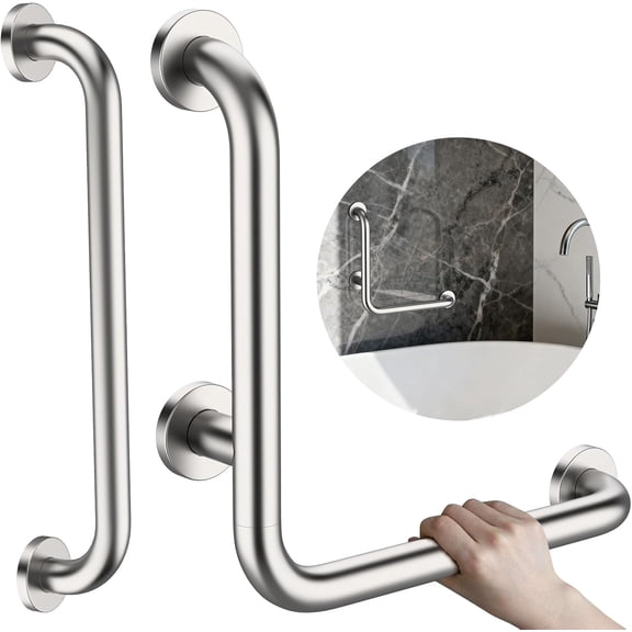 L-Shaped Angled Shower Grab Bar w/Straight Bathroom Safety Handrail 16 Inch, Brushed Nickel Handicap Grab Bar Wall Mounted, Toilet Bathtub Balance Support Bar for Elderly Seniors Injury