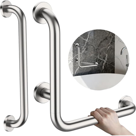 L-Shaped Angled Shower Grab Bar w/Straight Bathroom Safety Handrail 16 Inch, Brushed Nickel Handicap Grab Bar Wall Mounted, Toilet Bathtub Balance Support Bar for Elderly Seniors Injury