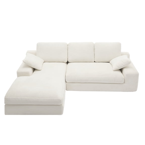 Taoruifang White Corduroy Compressed Sofa, 4-Seater Compact Couch with 3 Back Cushions & 2 Throw Pillows, Medium-Soft Foam Furniture for Small Spaces & Apartments