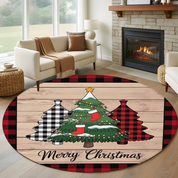 Christmas Trees Round Rug 5ft Washable Circle Kitchen Rugs Non Slip Xmas Winter Plaid Pine Wooden Grain Red Large Area Rug Indoor Floor Carpet for Bedroom Living Room Home Office Dining Room Nursery