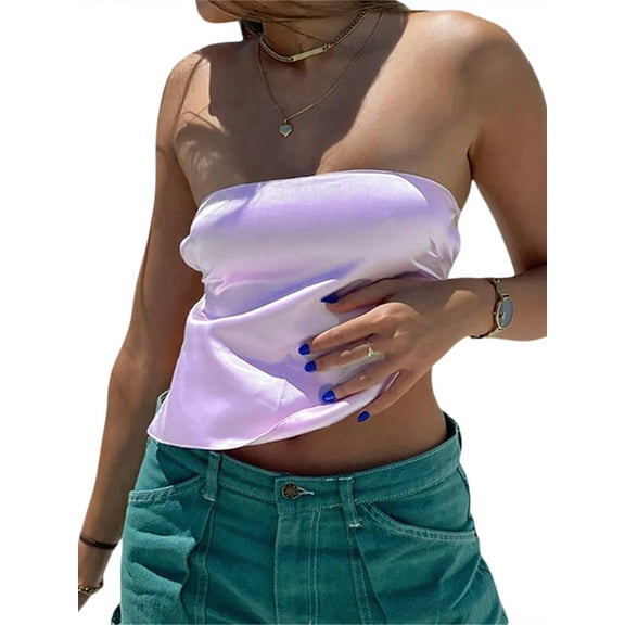 Women Sexy Tube Crop Tops Silk Satin Strapless Solid Hollow Out Tank Triangular Hem Tie Back Hanky Tops Streetwear